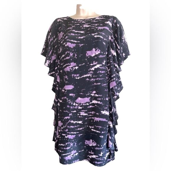 Michael Kors Purple Black Ruffle Sleeves Zip Back Size 8 Fully Lined - Picture 1 of 7